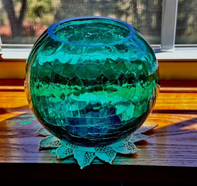 Vintage Amber Crackle Glass Globe Rose Bowl Vase Dark Turquoise Blue