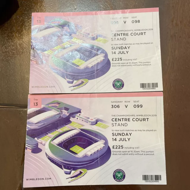 Wimbledon Men’s Final Centre Court Debenture Used ticket Pair 2019