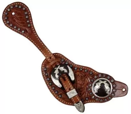 Showman Men's Size Tooled Leather Spur Straps w/ Silver Engraved Cross Pistol