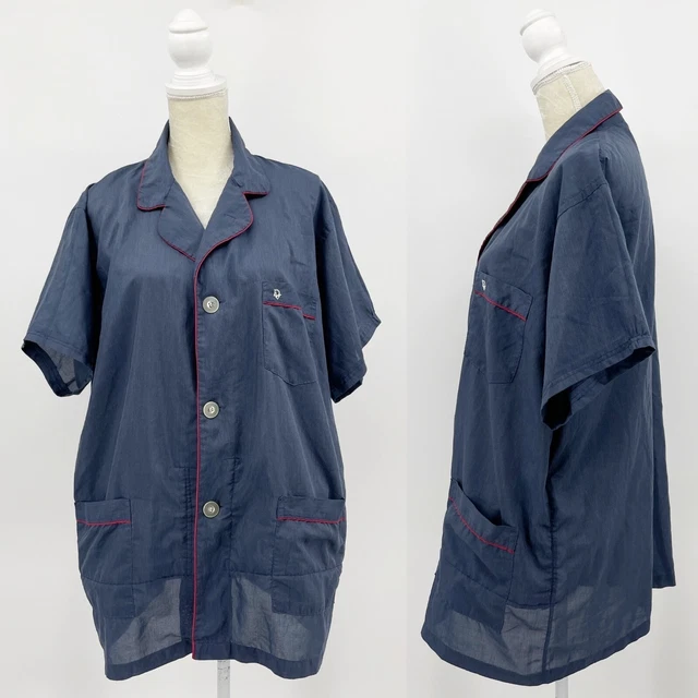 Dior Vintage 70s/ 80s Size L Navy Blue Red Trim Short Sleeve Pajama Night Shirt