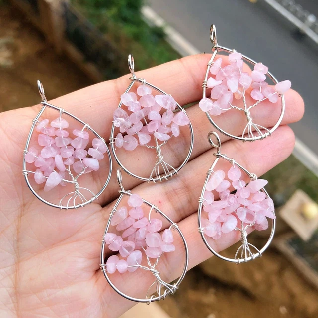 5PCS Yoga Rose Quartz Stone Gems Tree Of Life Pendants Reiki Healing Amulet