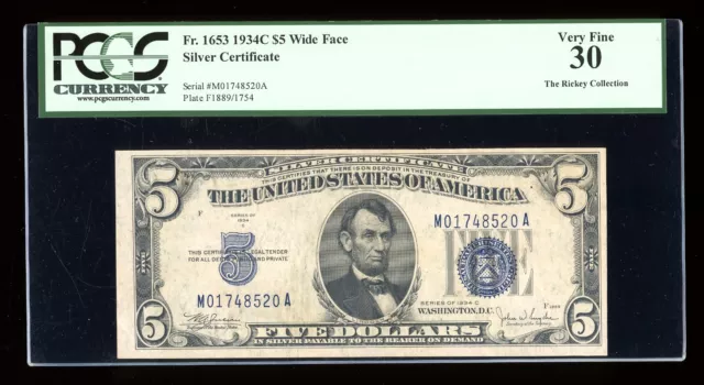 DBR $5 1934-C Silver Fr. 1653W MA Block Wide Face PCGS 30 Serial M01748520A