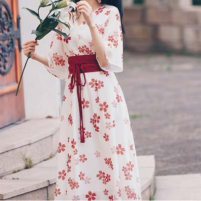 Women Japanese Belted Dress Kimono Yukata Floral Sakura Printed V Neck Retro New