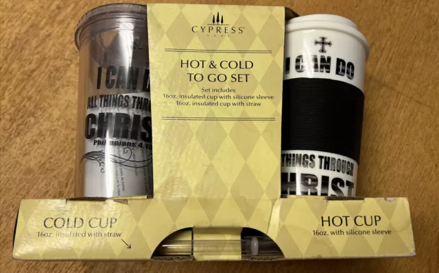 Cypress Home Coffee Hot Cold To Go Set Insulated Travel Cups Straw “Christ” NIB