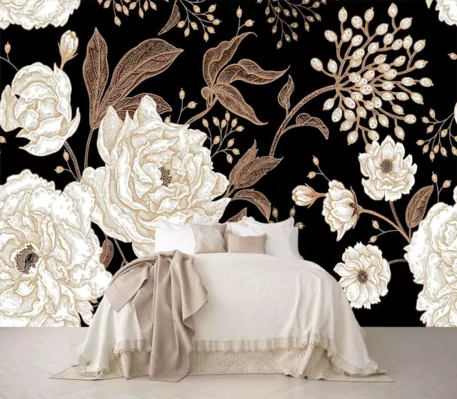 Reyhui Wall Mural Peonies and Roses Floral Vintage Wallpaper Seamless Gold White