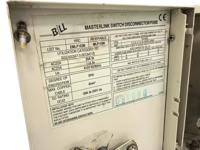 BILL Masterlink EMLF153N 20Amp TPN HRC Fused Switch Disconnector 2