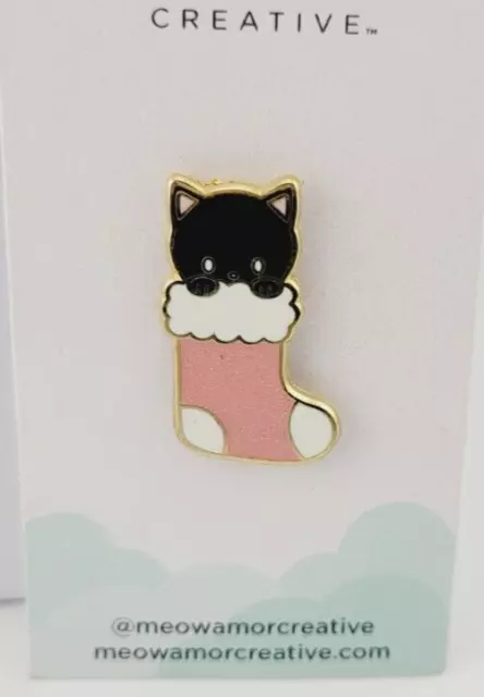 Christmas In July Kitty Cat Head In Stocking Meow Amor BROOCH/PIN #7