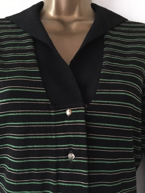 Cardigan Italiano In Lana Fine / Giacca Blk Verde Righe Colletto Marinaio Vintage S/M