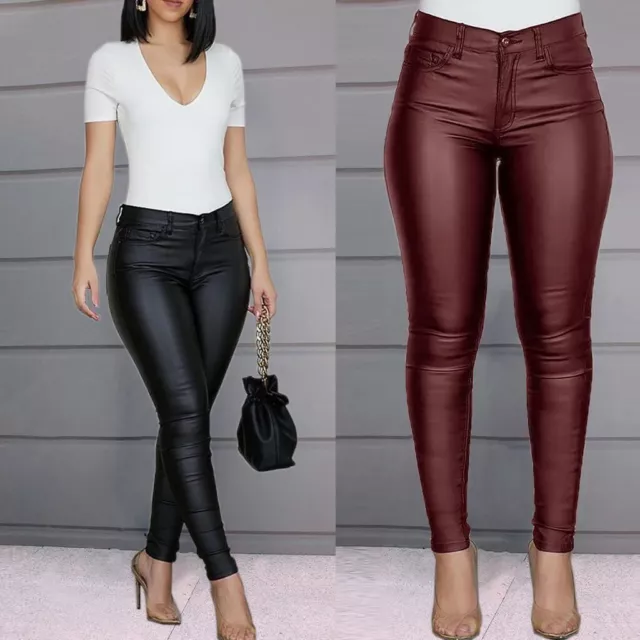 Fashion Women PU Leather Leggings Pants High Waist Skinny Sexy Slim Fit Trousers