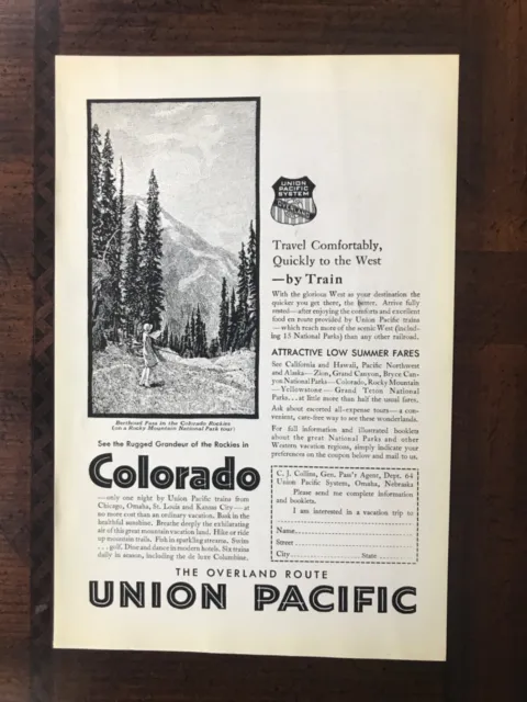 1930 vintage original print Ad Union Pacific Railroad Overland Route To Colorado