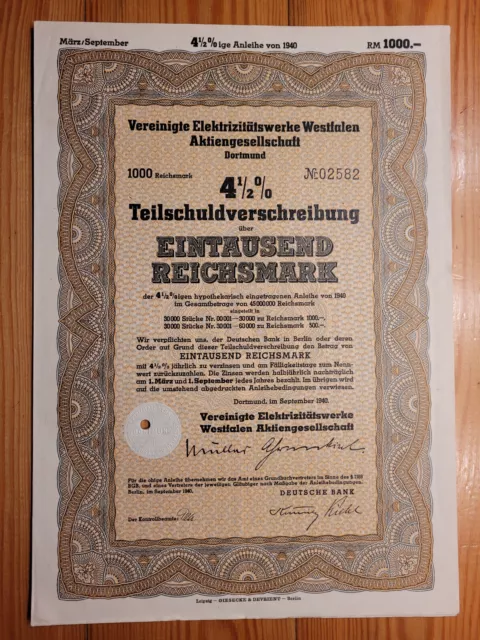D: Vereinigte Elektrizitätswerke Westfalen, TSV  1.000 RM, Dortmund, 1940*