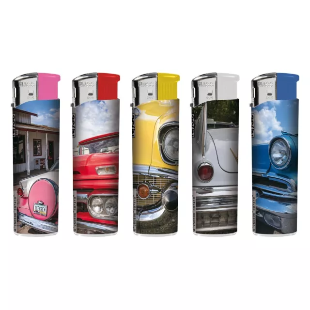 5 x Feuerzeug Elektronik Gas Feuerzeuge Lighter Motiv Serie Retro US Cars Auto 3