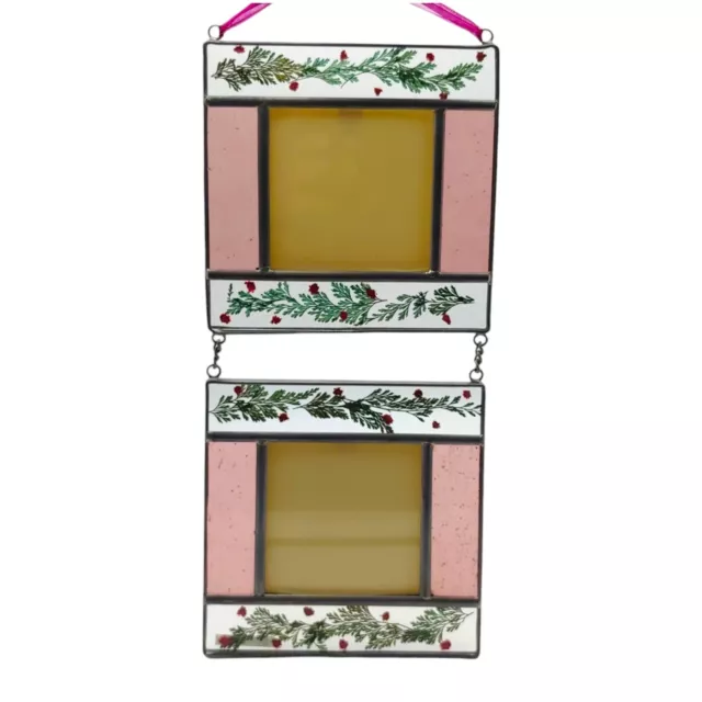 Stained Glass Double Picture Frame, 3.5" Pink Floral Pressed Flowers Cottagecore