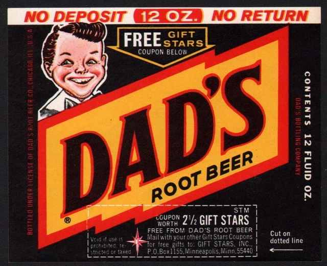 Vintage soda pop bottle label DADS ROOT BEER Junior pictured new old stock nrmt+