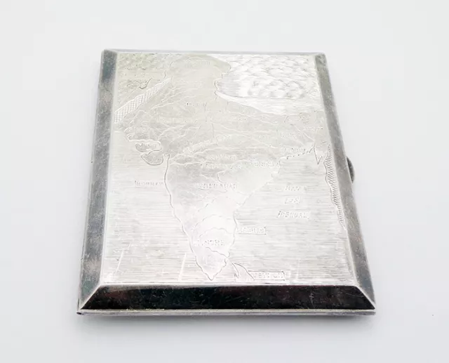 Estate Sterling Silver 4" by 3-3/8" Cigarette Case Etched Map of India 149 Grams