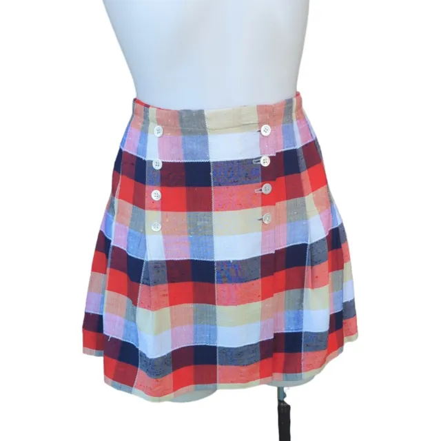 Vintage 1970s Plaid Mini Skirt School Girl Pleated Small 28" Waist Red Navy