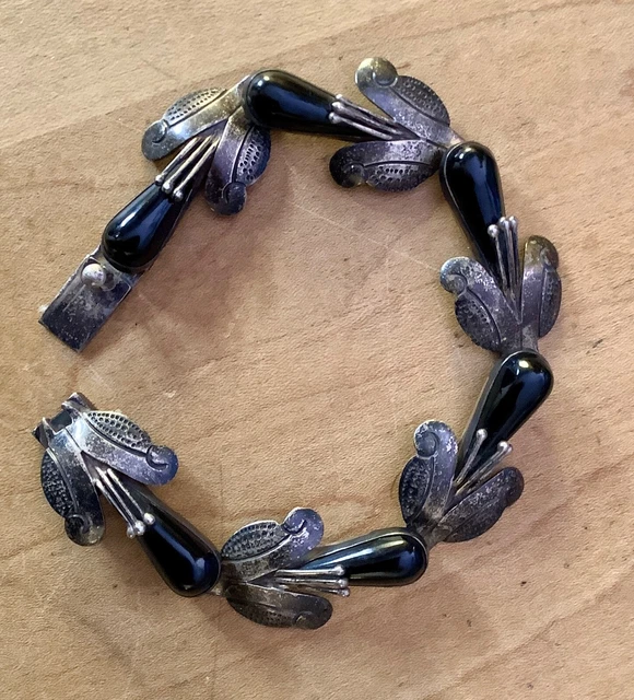 Vtg Taxco MEXICAN F. PICHARDO Sterling Silver & BLACK ONYX CORN BRACELET Signed