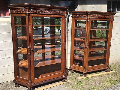 Pair Of Carved Oak Beveled Glass China Cabinets