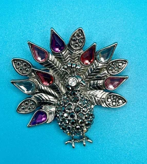 Pretty Peacock Brooch/Pin, Multicolored Teardrop Rhinestones. Silver-tone Base