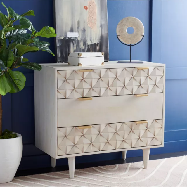 SAFAVIEH Zinnia 3-Drawer Chest | White Washed / Brass |