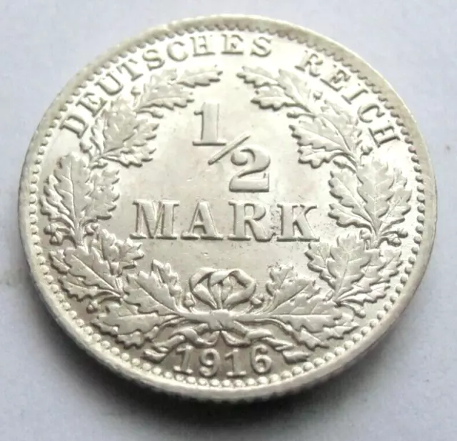 (815) Rare Germany Empire 1/2 Mark Silver Coin 1916 A  -  0.900 Silver