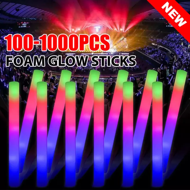 100x LED Foam Glow Sticks RGB Thunder Wand Stick Flashing Light Rave Party Tools