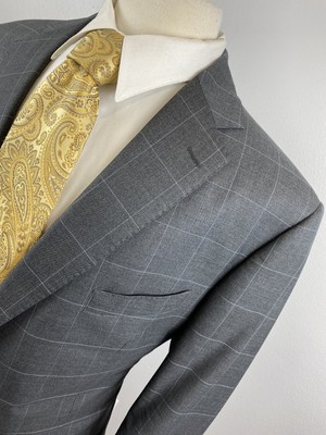 J. Hilburn Men's Windowpane Barberis Wool Suit Stitch Lapel 46 L Pant 38 X 33 A1