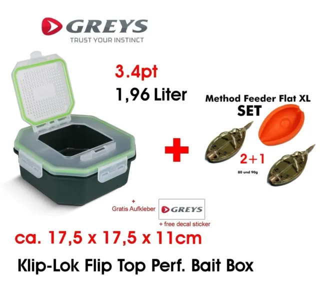 Greys® Klip-Lok Flip Top Perf. Bait Box 3.4pt  +  METHOD FEEDER SET XL -90g 2+1