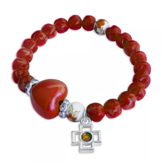 Rosary Bracelet Red Glass Beads, large Heart and Cross Charm