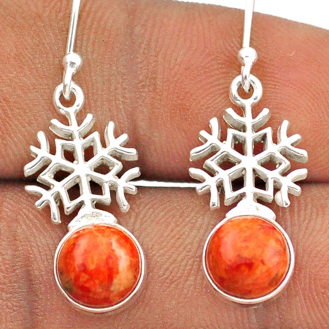 Handmade 5.95cts Snowflake Natural Red Sponge Coral Dangle Earrings T88836