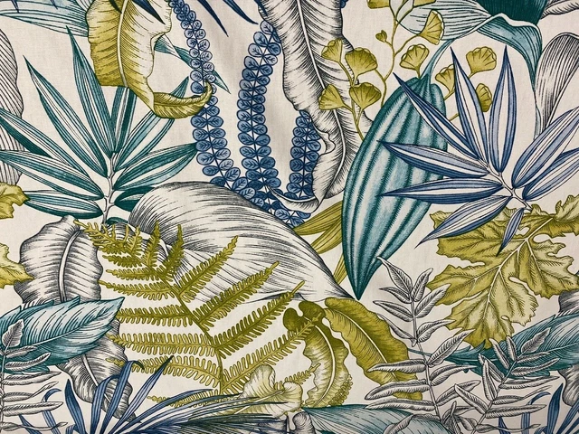 Cotton Fabric Tropical Paradise  Fern Palm Leaves Ochre Teal Curtain Blind