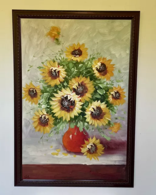 Large Oil Painting- Sunflowers in Red Vase Still Life signed 67cm x 98cm