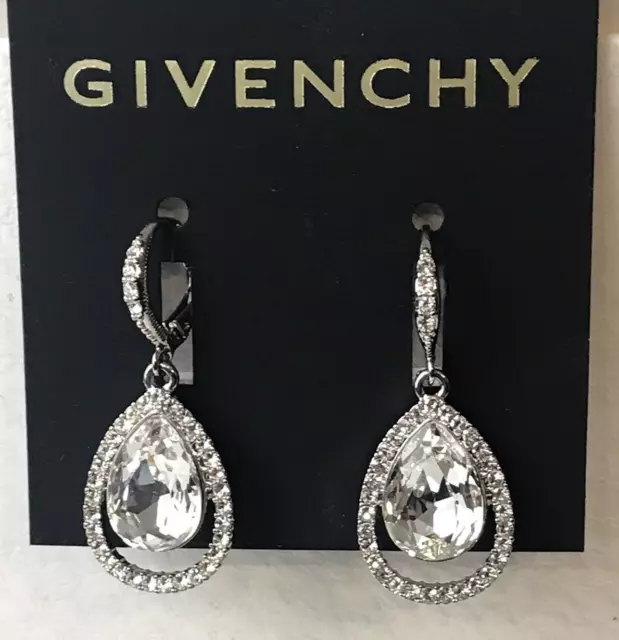 GIVENCHY Silver-Tone Clear Pave Crystal Orb Pear Drop Earrings NWT