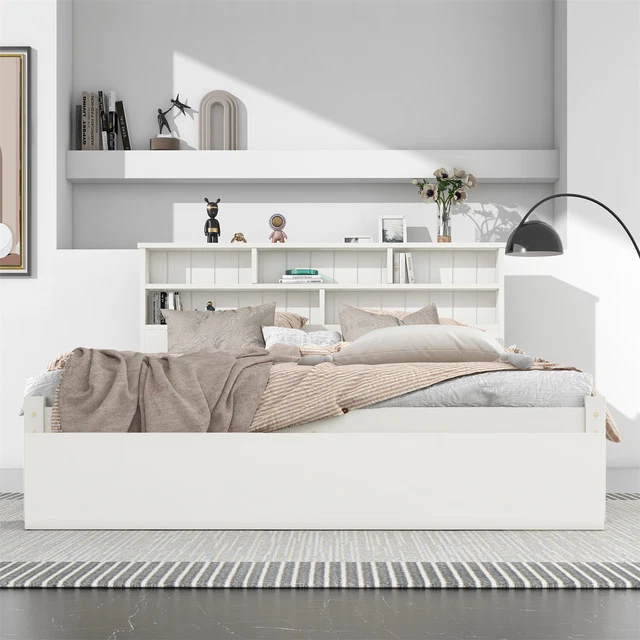 4FT6 DOUBLE WOODEN Bed Frame Solid Pine Wood W/ Drawer & Storage ...