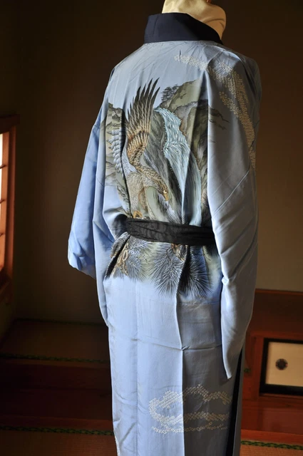Vintage Japanese Kimono Silk Shibori Men’s Juban Blue Hawk Pine Waterfall Art