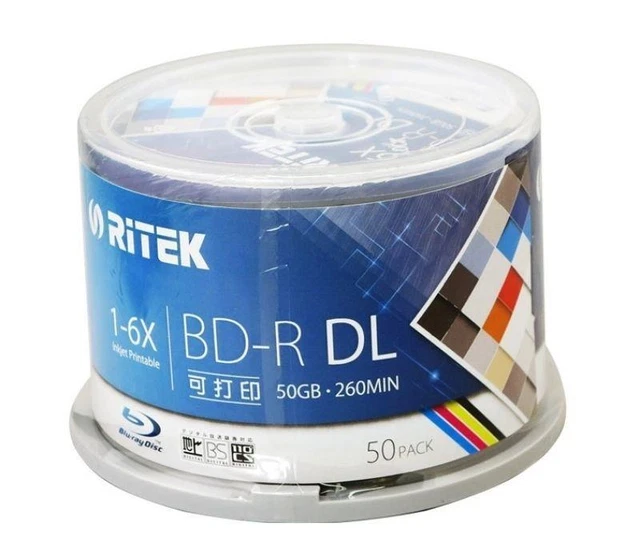 10 PACK RITEK Blank Printable Bluray Dual Layer 50gb BD-R DL 2-8X BD-R ...