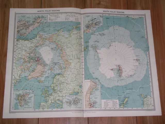 1908 Antique Map Of Antarctica North South Pole Arctic Polar Svalbard Alaska