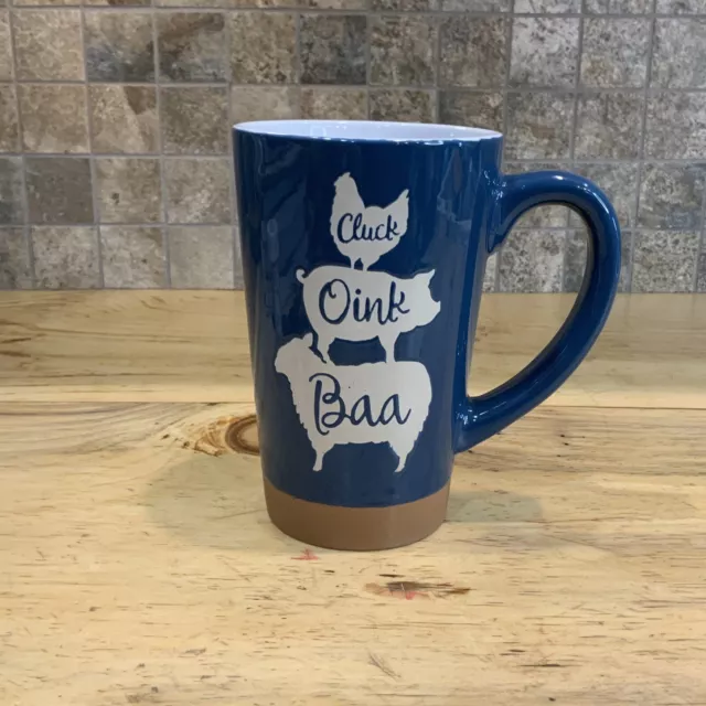 Farmhouse Coffee Latte Mug Cup Blue Ceramic Chicken Pig Sheep Cluck Oink Baa