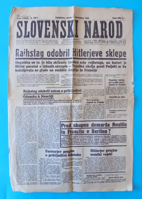SLOVENSKI NAROD Ljubljana 01.09.1939. the beginning of WW2 * Slovenia Yugoslavia
