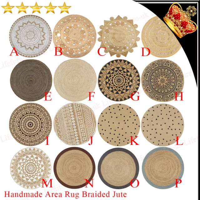 Handmade Area Rug Braided Jute Printed Woven Carpet Natural Round Floor Mat AU