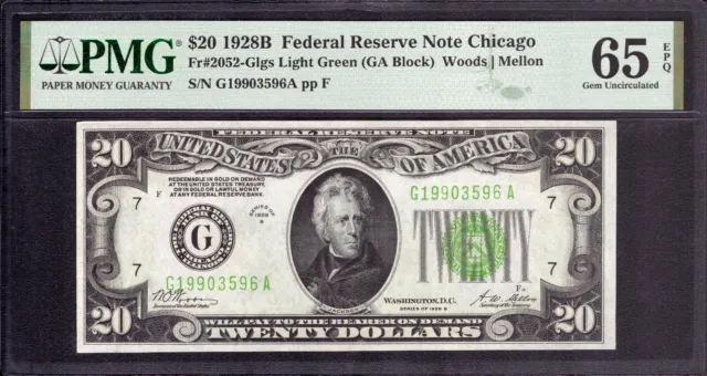 1928 B $20 Federal Reserve Note Chicago Fr.2052-G Light Green Seal Pmg 65 Epq