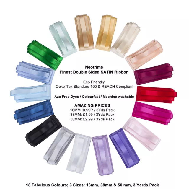 Neotrims Finest Quality Double Sided Satin Ribbon,Cheap Price,3 Sizes,18 Colours