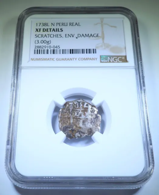 NGC XF 1738 Peru 1 Reales Spanish Colonial 1700's Pirate Treasure Cob Cross Coin