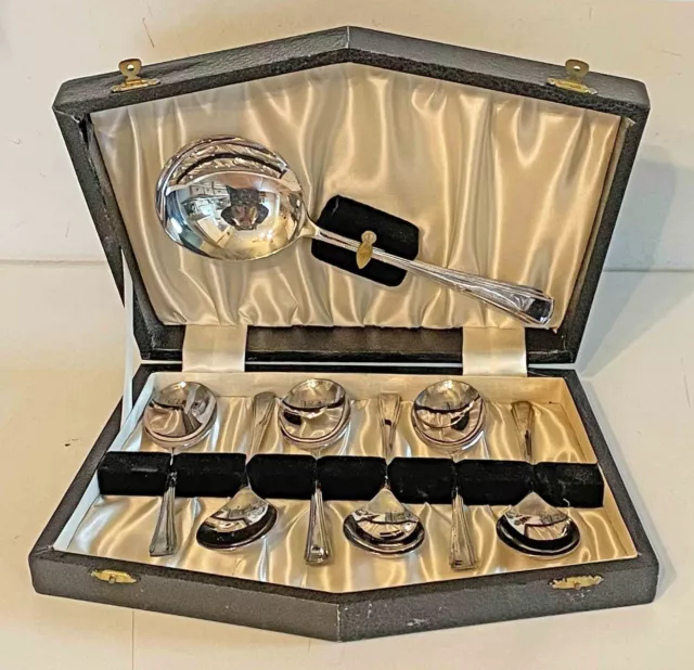 Vintage EPNS Silver Plate Boxed Set 6 Spoons + 1 Serving Spoon Made in England