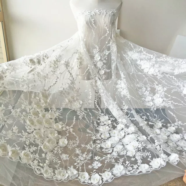 Beaded Embroidery Lace Fabric Off-White 3D Flower Lace Tulle for Wedding Dress