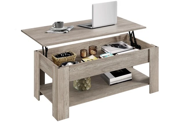Table Basse à Plateau Relevable Rectangulaire, 1000 X 500 X 485 Mm, Table De Salon Avec Porte De Grange Et Compartiment De Rangement Dissimulé Pour Bureau, Maison, Couleur Du Chêne Rustique | FR