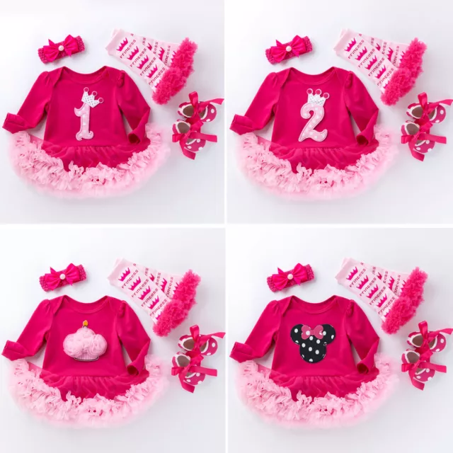 4PCS Newborn Infant Baby Girls 1st 2nd Birthday Outfits Party Romper Tutu Dress