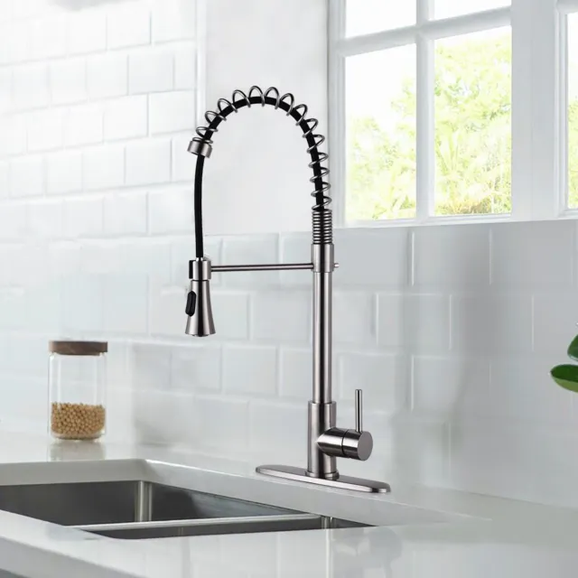 Pull Down Kitchen Sink Faucet  Swivel Single Handle with Deck Plate Brushed