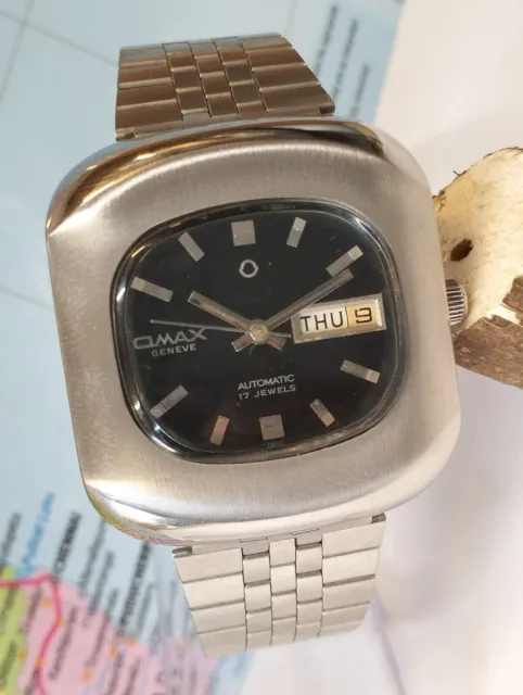 OMAX Geneve 17 Joyas Automático Esfera Negra Suizo HOMBRES Vintage Reloj