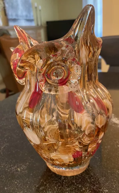 Vintage Mid Century Amber Owl Hand Blown Art Glass Vase Applied Eyes 7.5 “ Tall